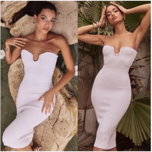 HOUSE OF CB Oriana Strapless White Ribbed knit Stretch Bodycon Midi Dress NWO XL